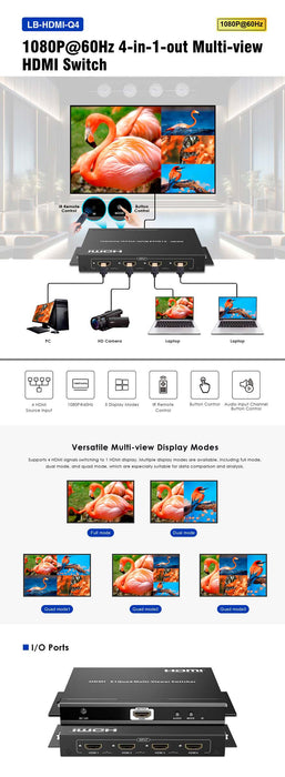 HDMI Quad 4 Inputs X 1 Output Multiviewer Switch