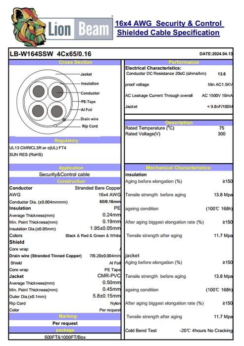 Lionbeam | Cable 16/4 STR OAS CMR | White | Pull Box | 500FT