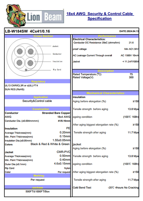 Lionbeam | Cable 18/4 STR CMR | Gray | Pull Box | 1000FT