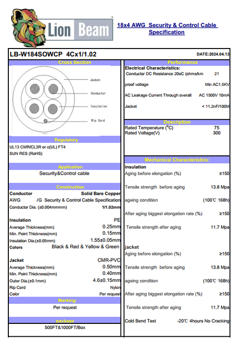 Lionbeam | Cable 18/4 SOL CMR | White | Pull Box | 1000FT