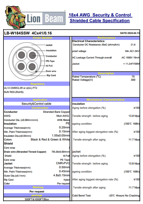 Lionbeam | Cable 18/4 STR OAS CMR | White | Pull Box 500FT