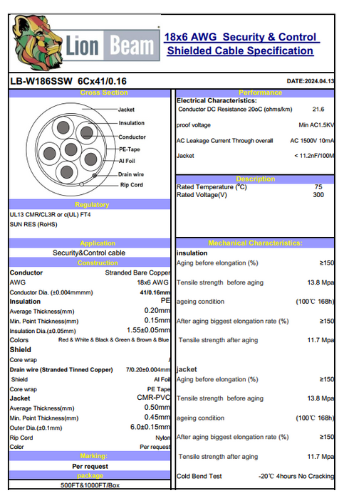 Lionbeam | Cable 18/6 STR OAS CMR | White | 500FT | Pull Box