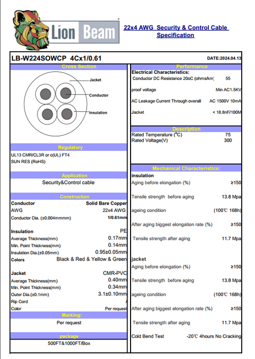 Lionbeam | Cable 22/4 SOL CMR | White | 500FT | Coil Pack