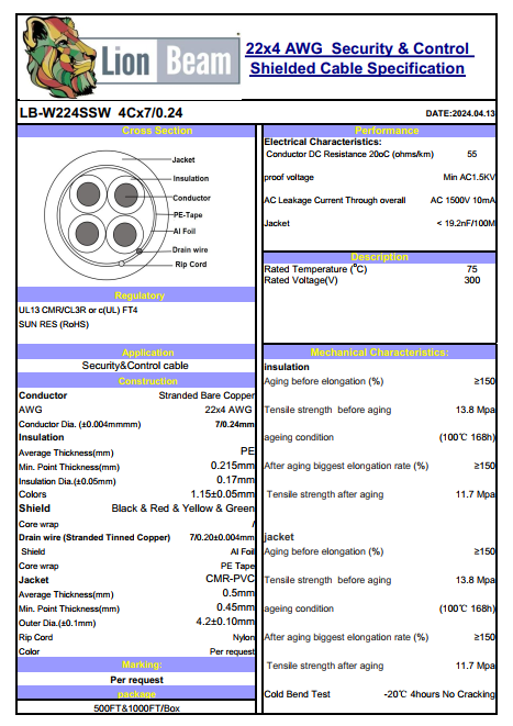 Lionbeam | Cable 22/4 STR OAS | CMR | White | Pull Box | 1000FT