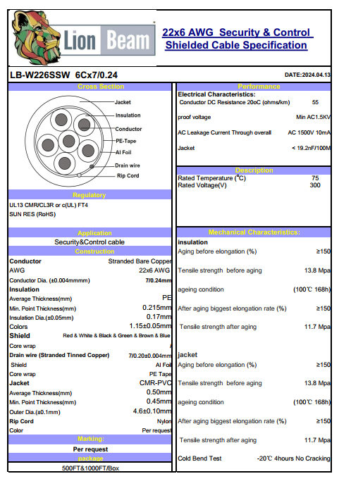 Lionbeam | Cable 22/6 STR OAS CMR | White | Pull Box | 1000FT